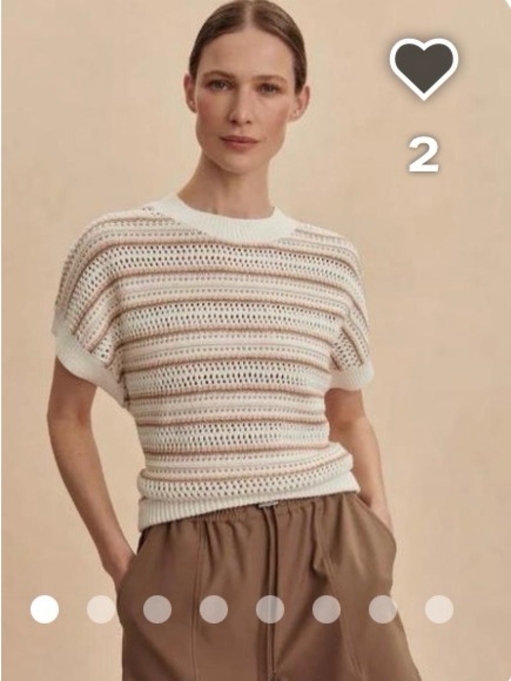 Varley Open-Weave Short Sleeve Sweater in Cream and Tan Stripes